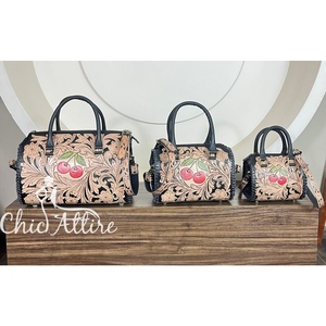 Handcrafted Cherry Design <b>Tooled</b> Genuine <b>Leather</b> Travel Duffel Bags Large Capacity New Fashion Overnight Weekender Luggage Bags - Product Image 1
