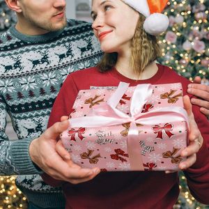 4 Rollos de Papel de Regalo Navideño con Diseño de Lazo de Jengibre Rosa Jumbo, 28*40 Pulgadas, para Envolver Regalos Navideños - Product Image 3