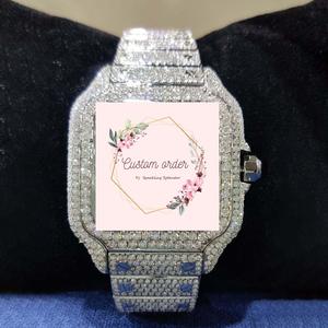 Montre analogique de haute qualité en acier inoxydable avec verre carré, sertie de moissanite, style hip-hop, chiffres bleus - Product Image 1