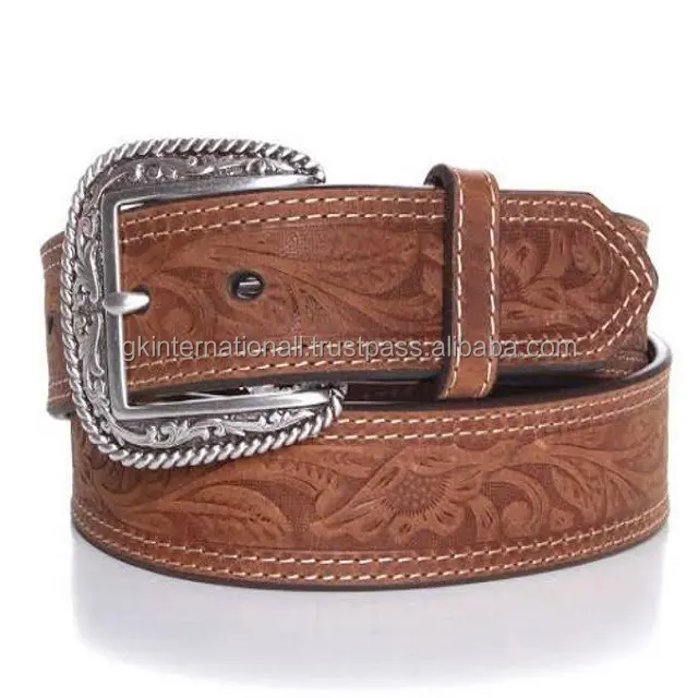 Western Style Hand Tooled Premium Leather Belts Made of Best Quality Indian Leather Embossing Leather Belts