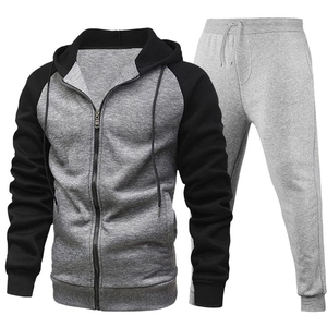 Survêtement à capuche gris et noir pour homme, manches longues, couleur unie, vêtement décontracté avec poches latérales, fermeture éclair, coupe classique, style automne - Product Image 1