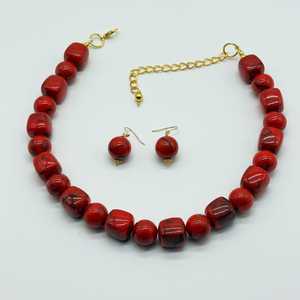 Collar de cuentas de coral rojo con cadena chapada en oro y pendientes a juego, conjunto de regalo de joyería clásica para mujer - Product Image 3