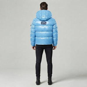 Wholesale Custom Logo Men’s Ice Blue Glossy Hooded Puffer Jacket High Shine Winter <b>Bubble</b> <b>Coat</b> - Product Image 4