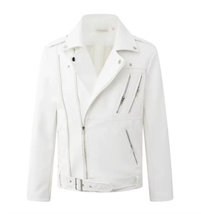 Veste de motard en cuir PU blanc pour homme, coupe ajustée, avec poches zippées, ceinture, col rabattable, mode automne-hiver - Product Image 1