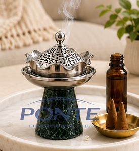 Emerald Marble Incense Burner Modern Metal Filigree <b>Bakhoor</b> Holder For <b>Oud</b> & Resin Premium Ramadan Home Decoration & Spiritual - Product Image 4
