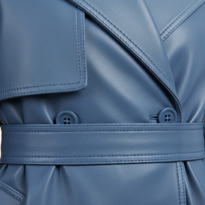 Women's Blue Real Leather <b>Thick</b> Trench <b>Coat</b> Long Length Notched Collar Belted Windproof Minimalist Style <b>Winter</b> Outerwear - Product Image 6