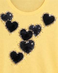 Camiseta de Algodón Amarilla para Mujer con Gráfico de Corazón con Pedrería Negra, Manga Corta, Estilo Casual, Impresión de Logotipo Personalizado, Top de Verano para Damas - Product Image 5