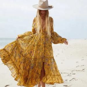 Robe longue en coton imprimé Robe longue à manches longues Robe longue de plage pour femmes Robe d'été de plage à fleurs pour femmes - Product Image 1