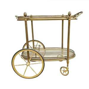 Carrito de Bar Ovalado de Lujo con Acabado de Latón Antiguo, Estilo Francés Vintage, Carro de Servicio de 2 Niveles con Ruedas Decorativas Doradas Grandes - Product Image 1
