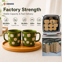 Set Mug Keramik Motif Bunga Hijau Desain Daisy OEM Mug Kopi Keramik Label Pribadi Mug Keramik Grosir Mug Keramik B2B