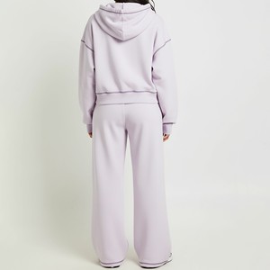 Survêtement zippé pour femme en molleton 100% coton, coupe classique, avec logo brodé personnalisé, style hip-hop avec surpiqûres contrastées, pour l'hiver, OEM - Product Image 2