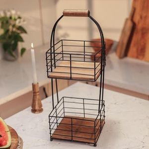 Étagère de rangement de cuisine en métal à double niveau avec poignée en bois, style industriel, organisateur multifonctionnel - Product Image 2