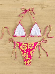 Women's Beach Dress Bikini in Spandex/Polyester Fabric Halter Neck Floral Pattern <b>V</b>-<b>Strings</b> Bottom Regular Fit 2-Piece Set - Product Image 5