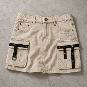 Jupe cargo en jean vintage Dirty Cream coupe ample pour femme, style streetwear d'été avec poches, bretelles noires et rivets - Product Image 6
