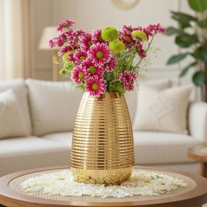 Oval Shape Metal Flower Vase Ribbed Golden Decorative Vase for Home Office Table Decor 8.7 Inch - Product Image 3