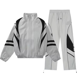 Custom Men <b>Silver</b> Windbreaker <b>Jacket</b> Wide Leg Pants Set Retro Sport Panel Full Zip Streetwear Two Piece Casual Tracksuit Outfit - Product Image 5