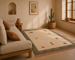 Tapis berbère marocain fait main en laine, noué à la main, minimaliste, style Beni Ourain, avec bordure tribale - Product Image 5