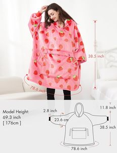 <b>Pink</b> Strawberry Printed Plush Wearable <b>Blanket</b> Hooded Full Length Soft Cozy One Piece Sleepwear - Product Image 2