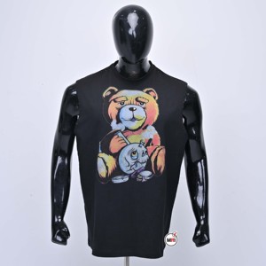 เสื้อกล้ามแขนกุดสีดำสำหรับผู้ชายพร้อมลายการ์ตูนหมีและกะโหลกสีสันสดใสคอกลมสไตล์ลำลองวัสดุผ้าฝ้าย 100% เสื้อกั๊กผู้ชาย - Product Image 1