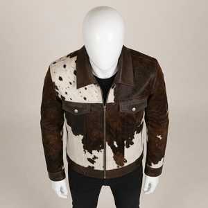 Blouson de motard en cuir véritable pour homme, motif vachette, fermeture éclair, col rabattable, coupe classique, hiver, couleur unie, personnalisable - Product Image 5