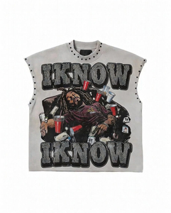 Men's Custom Cotton Heavy Weight Acid Washed T-Shirt Vintage Hip-Hop Streetwear Style Tank Sleeveless O-Neck Printed T-Shirts - Product Image 2