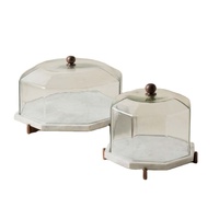 Ensemble de 2 assiettes à bol octogonales avec couvercle en verre et base en marbre avec plateau à dessert en bois d'acacia Outils de bol de service