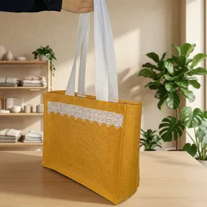 Bolsa de Regalo de Yute Amarillo con Ribete de Encaje, Bolsa de Mano de Hesse con Correa Personalizada, Empaque para Compras y Recuerdos de Fiesta - Product Image 3