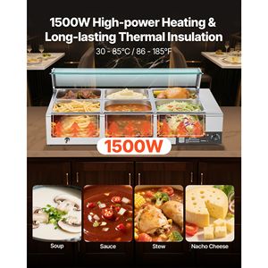 เครื่องอุ่นอาหารเชิงพาณิชย์ 1500 วัตต์ สแตนเลส ฝาครอบแก้ว 6 ถาดขนาด 1/2 นิ้ว ควบคุมอุณหภูมิแบบแมนนวล บุฟเฟ่ต์ ไบน์มารี - Product Image 3