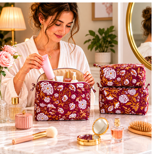 Jaipur Artisanal Sustainable Hand Block Printed Travel Pouch Set of 3 Quilted Cotton Waterproof Washable Durable Daily Use Gift - Product Image 5