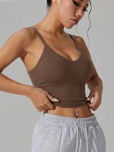 Women's Ribbed Seamless Gym Crop Top | <b>Thin</b> Criss Cross <b>Strap</b> Sports <b>Bra</b> | Sweat Wicking Longline Padded Fitness Brassiere - Product Image 5