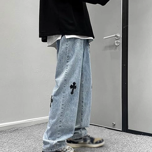 Wide Leg Snow Washed Denim Overalls <b>Cross</b> <b>Patch</b> Crystal Distressed Loose Fit Mid Waist Quick Dry Streetwear Men's Cotton Winter - Product Image 3