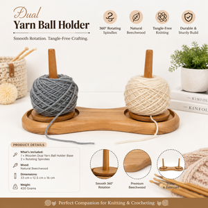 Support pour deux pelotes de laine |   Tourne-fil en bois de hêtre naturel avec 2 broches rotatives |   Organisateur de fil à tricoter et à crocheter - Product Image 5