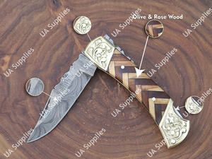 Damascus Steel Hand Forged Brass Wooden Handle Professional Razor Sharp Drop Point Folding EDC Pocket Knife Sheath 7.5 Inches - Product Image 3