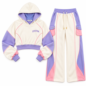 Conjunto de chándal cargo de felpa para mujer, color marfil con ribete rosa lavanda, pantalones de pierna ancha y sudadera corta, con logotipo personalizado, venta al por mayor de fábrica - Product Image 3