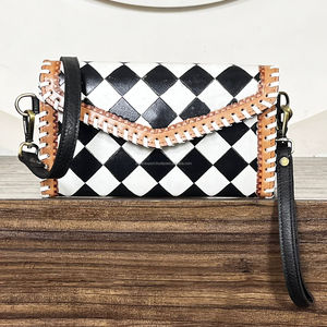 Trendy Ladies Hand <b>Tooled</b> Genuine Cowhide <b>Leather</b> Crossbody Bag Checkered Pattern Sling Purse Handmade Clutch Adjustable Strap - Product Image 4