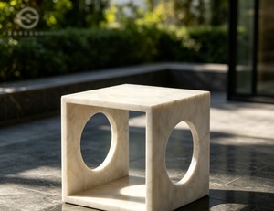 Table d'extérieur minimaliste en marbre avec découpes circulaires pour mobilier de patio - Product Image 1
