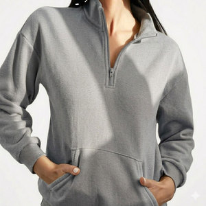Achetez un sweat-shirt respirant pour femme, col montant, demi-zip, manches régulières, couleur unie, en polaire tricotée, respirant, pour l'automne - Product Image 1