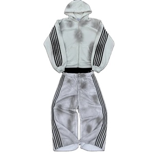 Men's American Gothic Streetwear Embroidered Zip Up <b>Hoodie</b> Cotton Dirty Wash Jeans Fashion <b>Couple</b> <b>Matching</b> Outfit Custom OEM - Product Image 1