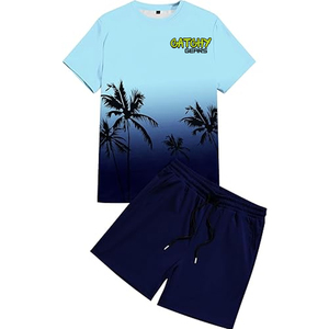 ชุดเสื้อยืดและกางเกงขาสั้นผ้าถักพิมพ์ลายสำหรับผู้ชาย ชุดกีฬาลำลองระบายอากาศได้ดี ชุดสองชิ้น - Product Image 3