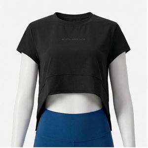 North Approach <b>Black</b> <b>Crop</b> <b>Top</b> Crew Neck <b>Short</b> <b>Sleeve</b> Solid Yoga Wear Breathable Spandex Polyester Women's Sportswear - Product Image 1