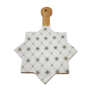 Planche à découper ronde en bois avec poignée, design imprimé personnalisé, base blanche, rayures rouges, vertes et beiges, design moderne, pour la cuisine - Product Image 3