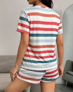 Women 2 Piece Striped Shorts Set Short Sleeve Crew Neck Loose Fit Casual Spring Summer Wear 100% Cotton Knitted Breathable - Product Image 5