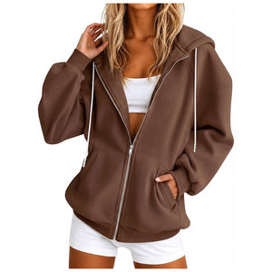 Achetez en gros : Cardigan marron à capuche zippé pour femme, veste décontractée tricotée avec poches, manches longues, couleur unie, coupe classique - Product Image 1