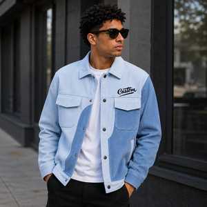 Veste d'hiver personnalisée pour homme en polyester, bleue, chauffante, brodée, à boutons sur le devant, col rabattable, style décontracté - Product Image 1