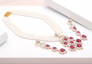 Pearl Ruby <b>Necklace</b> Set 18K White Gold Plated Brass Elegant Bridal Jewelry Wedding Gift For Her Wedding Jewellery - Product Image 3