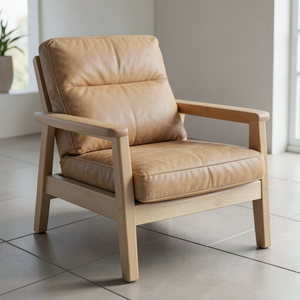 Sillón de Cuero Vacuno Genuino de Alta Gama, Estructura de Madera Maciza, Sillón Moderno con Tapicería de Cuero Vacuno Real, Muebles para Sala de Estar - Product Image 1