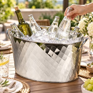 Cubo Enfriador de Vino Redondo Moderno Dorado de Acero, Soporte para Botellas, Carrito de Servicio para Bodas y Fiestas, Decoración, Regalos, Centro de Mesa para el Hogar - Product Image 1