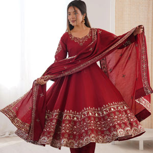 wholesale roman silk anarkali suit with embroidery sequence work full sleeves gown 3.75 meter flare <b>wedding</b> wear - Product Image 1