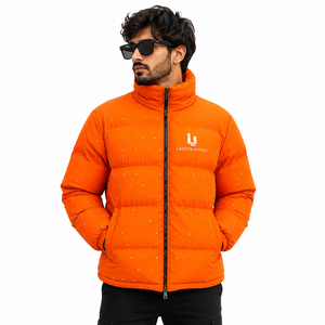 Custom Men Orange Puffer Jacket Winter Quilted Bubble Coat Lightweight Warm Insulated Zip Up Jacket OEM Wholesale Manufacturer - Product Image 2