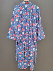 Bata Kimono de Algodón Transpirable con Estampado Floral Azul, Cinturón, Manga Larga, Largo Completo, Informal, para Mujer, Tejido Suave - Product Image 5